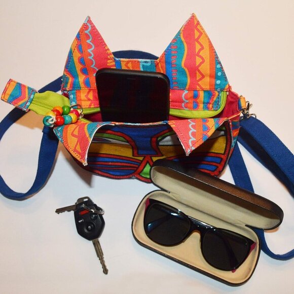 Cat-On-the-Bag A-Mews-Ing Kitty Face Fun Colorful Crossbody Bag | One Pocket Sli - Picture 4 of 7